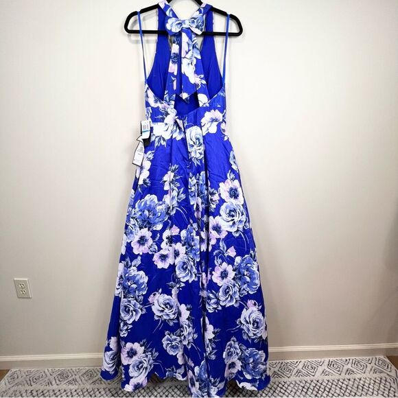 NWT City Studio Blue Floral Pocketed Formal Full Length Fit & Flare Gown 9 - Picture 5 of 12